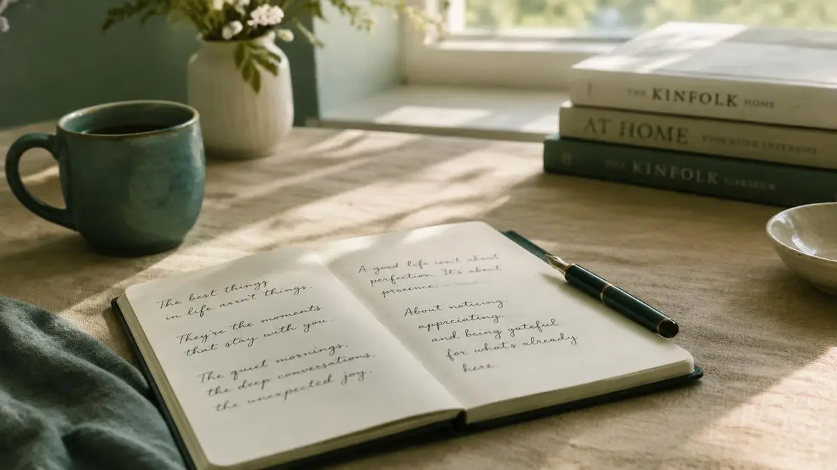 Open notebook with handwritten sentences and a fountain pen on a sunlit desk